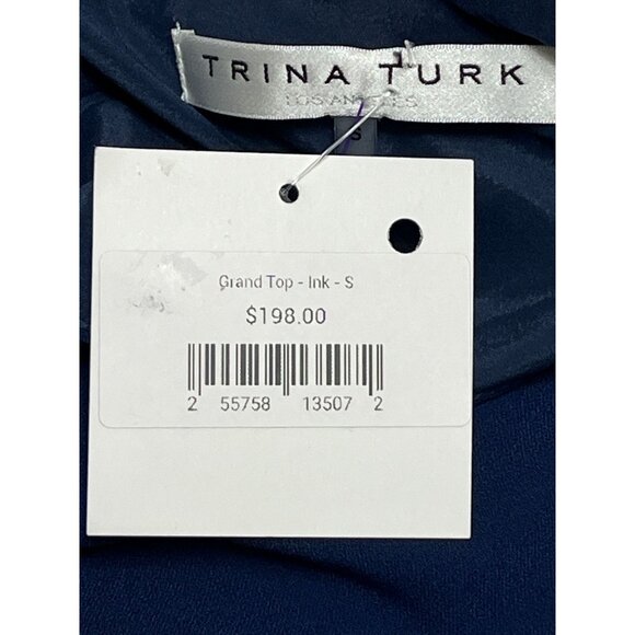 Trina Turk Ink Blue Feather Trim Halter Top Size Small Elegant Party Blouse - Picture 11 of 12